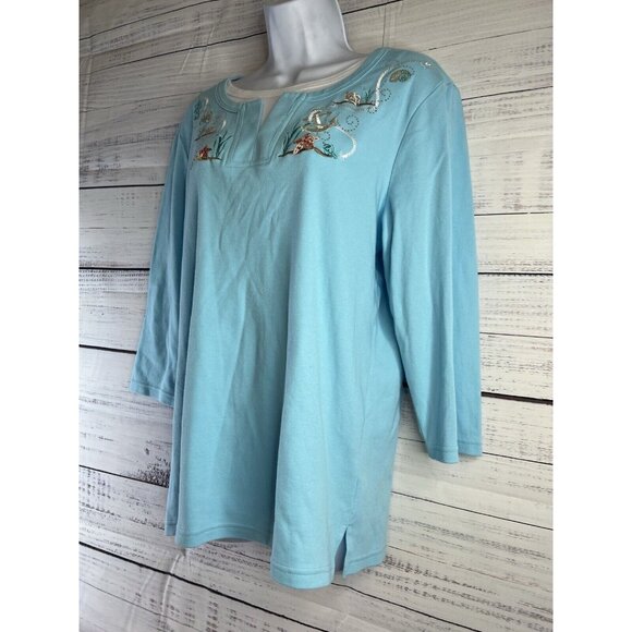 90s Morning Sun Sweatshirt L Nautical Seashell Coastal Blue Cottage - Picture 3 of 12